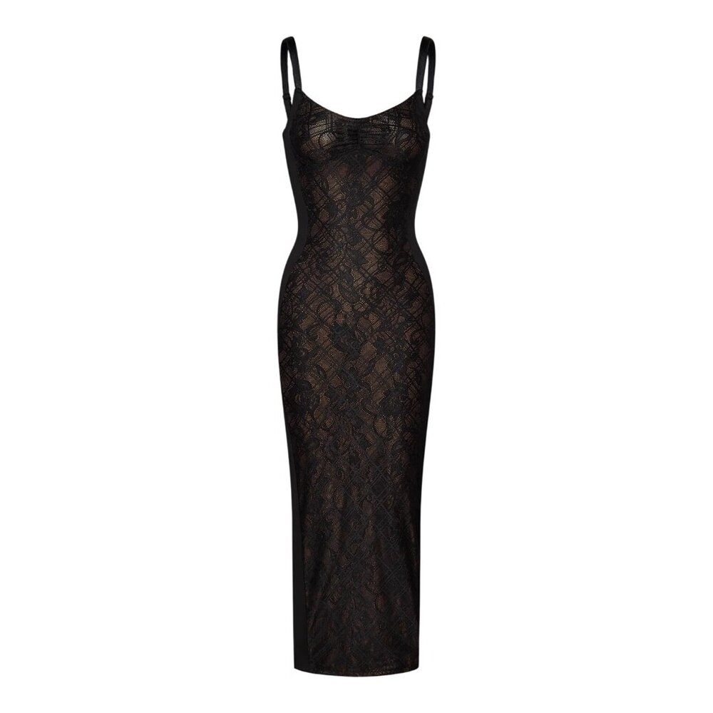 CDP Margot Two Piece Fitted Lace Midi Dress in Black